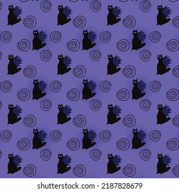 Surrealism vector pattern of a black cat with wings. Abstract seamless illustration for halloween. Purple background. Wallpaper, textile design 