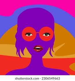 Retrato de mujer surrealista. Silhouette contemporánea de Chica con gafas de sol. Moda Cara femenina. Tarjeta de verano con Glamour Lady. Ilustración vectorial.  