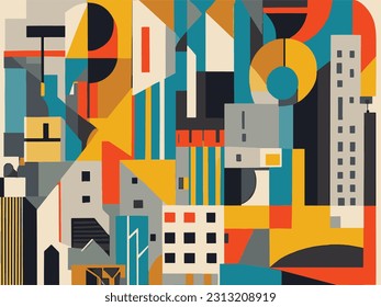 A surrealist cityscape with abstract vector shapes and patterns.