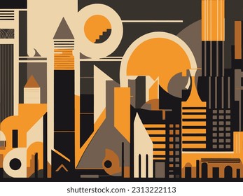 A surrealist cityscape half lit by the rising sun. Abstract vector background