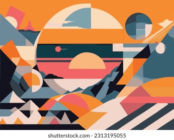 A surrealist landscape half lit by the rising sun. Decorative abstract wall art with vector shapes