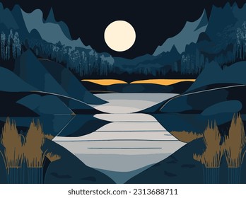 A surrealist landscape of a lake in the moonlight. 