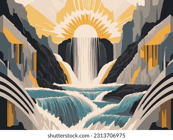 A surrealist landscape of a waterfall half lit by the rising sun.