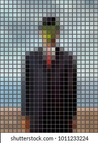 surrealist man wiht green apple, painting, pixel style