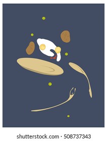 Surrealist vector illustration "Crazy breakfast" : flying plate,spoon,fork, scrambled eggs,cutlets and green peas with a bit of ketchup.Cartoon style. Blue background.
