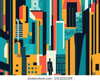 A surrealist vector landscape of a cityscape, with a single figure standing in the foreground.