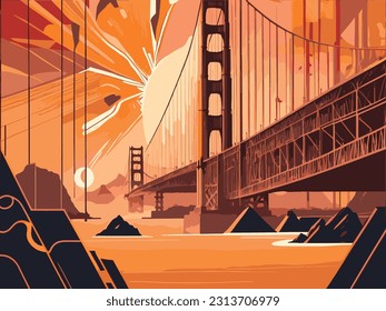 A surrealist vector landscape of a large suspension bridge in the sunset.