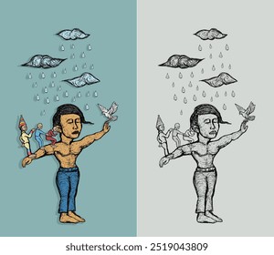 vetor surrealista de um homem sob a chuva