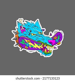 Surrealist wolf head gnaws  skateboard. Extreme sport sticker concept. Comics art vector illustration. 