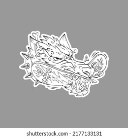 Surrealist wolf head gnaws  skateboard. Extreme sport sticker concept. Comics art vector illustration. 