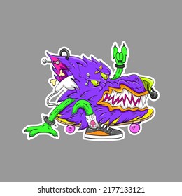 Surrealist wolf head on the skateboard. Extreme sport sticker concept. Comics art vector illustration. 