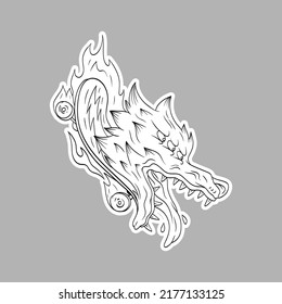 Surrealist wolf head on the skateboard. Extreme sport sticker concept. Comics art vector illustration. 