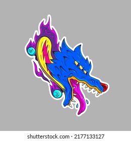 Surrealist wolf head on the skateboard. Extreme sport sticker concept. Comics art vector illustration. 