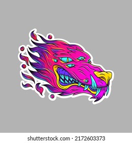 Surrealist wolf head sticker. Fantasy animal concept. Comics art vector illustration. 