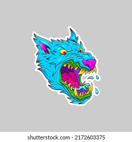 Surrealist wolf head sticker. Fantasy animal concept. Comics art vector illustration. 