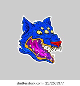 Surrealist wolf head sticker. Fantasy animal concept. Comics art vector illustration. 