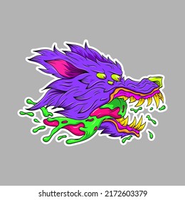 Surrealist wolf head sticker. Fantasy animal concept. Comics art vector illustration. 