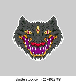 Surrealist wolf head sticker. Fantasy animal concept. Comics art vector illustration. 