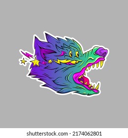 Surrealist wolf head sticker. Fantasy animal concept. Comics art vector illustration. 