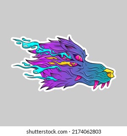 Surrealist wolf head sticker. Fantasy animal concept. Comics art vector illustration. 