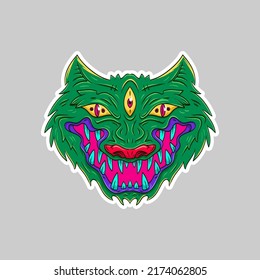 Surrealist wolf head sticker. Fantasy animal concept. Comics art vector illustration. 