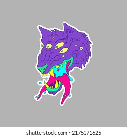 Surrealist wolf head sticker. Fantasy animal concept. Comics art vector illustration. 