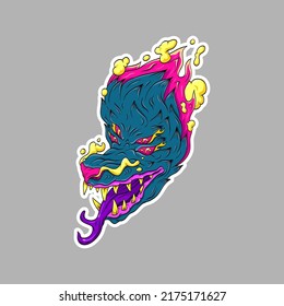 Surrealist wolf head sticker. Fantasy animal concept. Comics art vector illustration. 