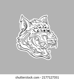 Surrealist wolf head sticker. Fantasy animal concept. Comics art vector illustration. 