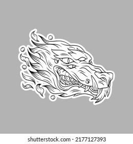 Surrealist wolf head sticker. Fantasy animal concept. Comics art vector illustration. 