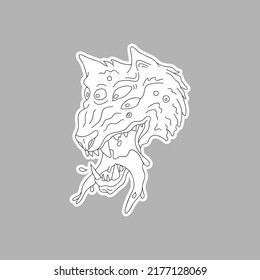 Surrealist wolf head sticker. Fantasy animal concept. Comics art vector illustration. 