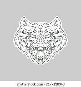 Surrealist wolf head sticker. Fantasy animal concept. Comics art vector illustration.