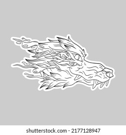 Surrealist wolf head sticker. Fantasy animal concept. Comics art vector illustration. 