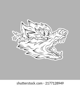 Surrealist wolf head sticker. Fantasy animal concept. Comics art vector illustration. 