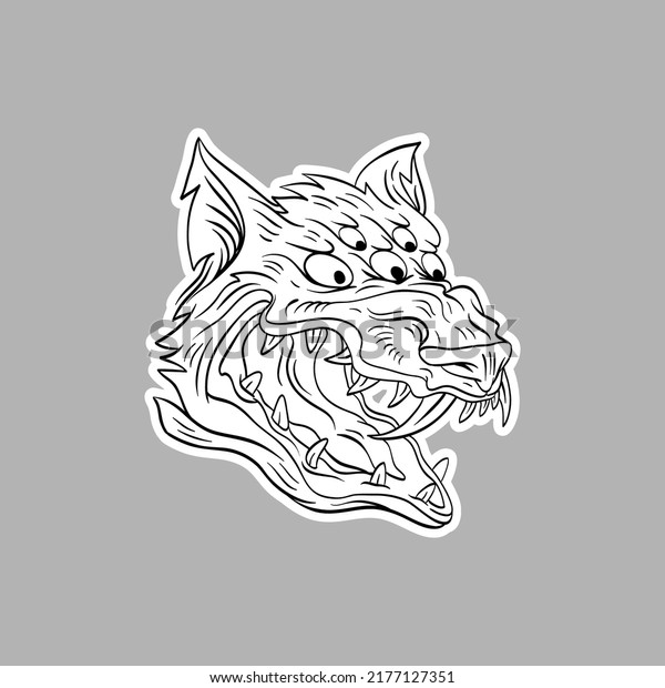 Surrealist wolf head sticker. Fantasy\
animal concept. Comics art vector illustration.\
