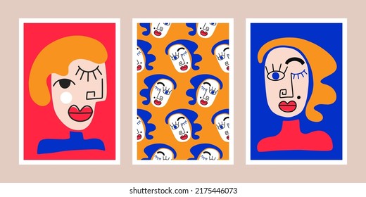 Surrealistic Abstract Woman Face set. Female posters print collection. Cubism Wall art, creative funny modern abstract style. Contemporary People Faces artwork, Hand drawn trendy vector illustrations