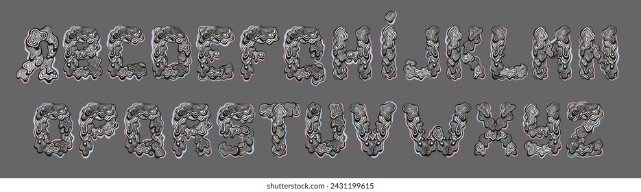 Surrealistic alphabet. Set of dreamy letters. Vector.