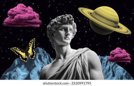 surrealistic atmosphere space concept collage with statue butterfly clouds mountain planet pop art halftone elements starry night sky background mythology philosophy digital art design