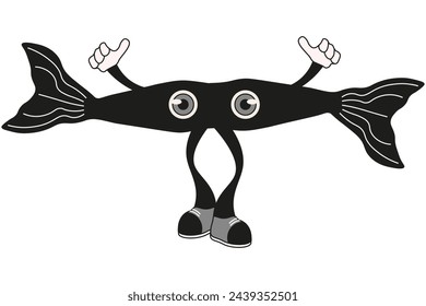 Surrealistic black and white Art. Sur abstract isolated white background. Alien Trippy fish mascot. Vector illustration can used t-shirt print interior design. EPS 10 Editable stroke