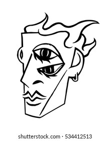 Surrealistic black and white head. Artistic surreal outline drawing. Linear surreal tattoo
