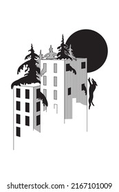 Surrealistic black and white print for a T-shirt. There is a wolf running to the moon, an urban part of a disappearing city, and  Christmas trees growing on the roof.