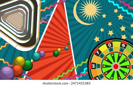 Surrealistic collage with darts, colorful balls, stars and other randomly placed objects. Vector illustration