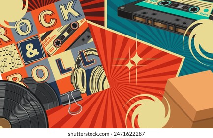 Surrealistic collage with vinyl record, audio cassette and other randomly placed objects symbolizing the 80s. Vector illustration