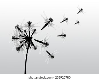 Surrealistic composition: dragonfly and dandelion. Abstract Vector background.