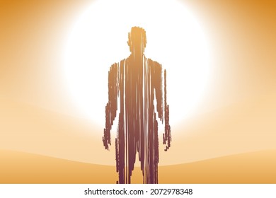 Surrealistic concept illustration with a transparent man standing in the desert, in front of a bright sun. Abstract spiritual vector background.