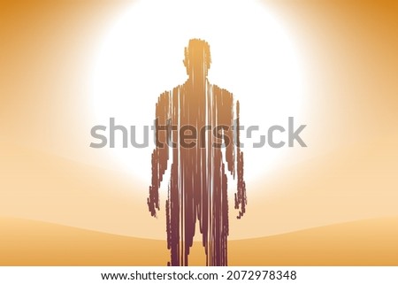Surrealistic concept illustration with a transparent man standing in the desert, in front of a bright sun. Abstract spiritual vector background.