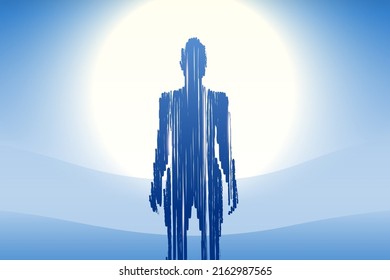 Surrealistic concept illustration of a transparent woman standing in front of a bright sun on a blue landscape background. Abstract spiritual human vector art.