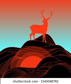 Surrealistic creepy landscape with mountains and silhouette of red deer with horns.