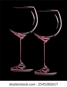 Surrealistic drawing of glass goblets, line art. For use as a flyer template or for use in web design. Hand drawn without artificial intelligence