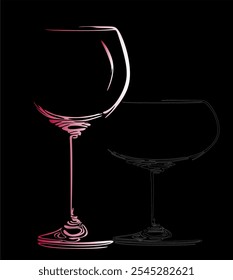 Surrealistic drawing of glass goblets, line art. For use as a flyer template or for use in web design. Hand drawn without artificial intelligence