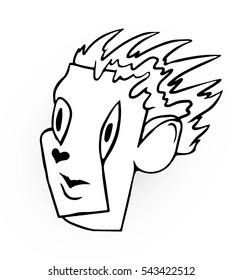 Surrealistic drawing of strange head. Linear drawing of head